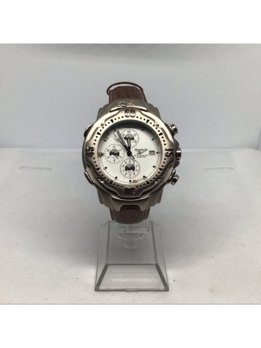 Reebok Chronograph Watch White Dial Date Brown Leather Strap 100M Water Resist